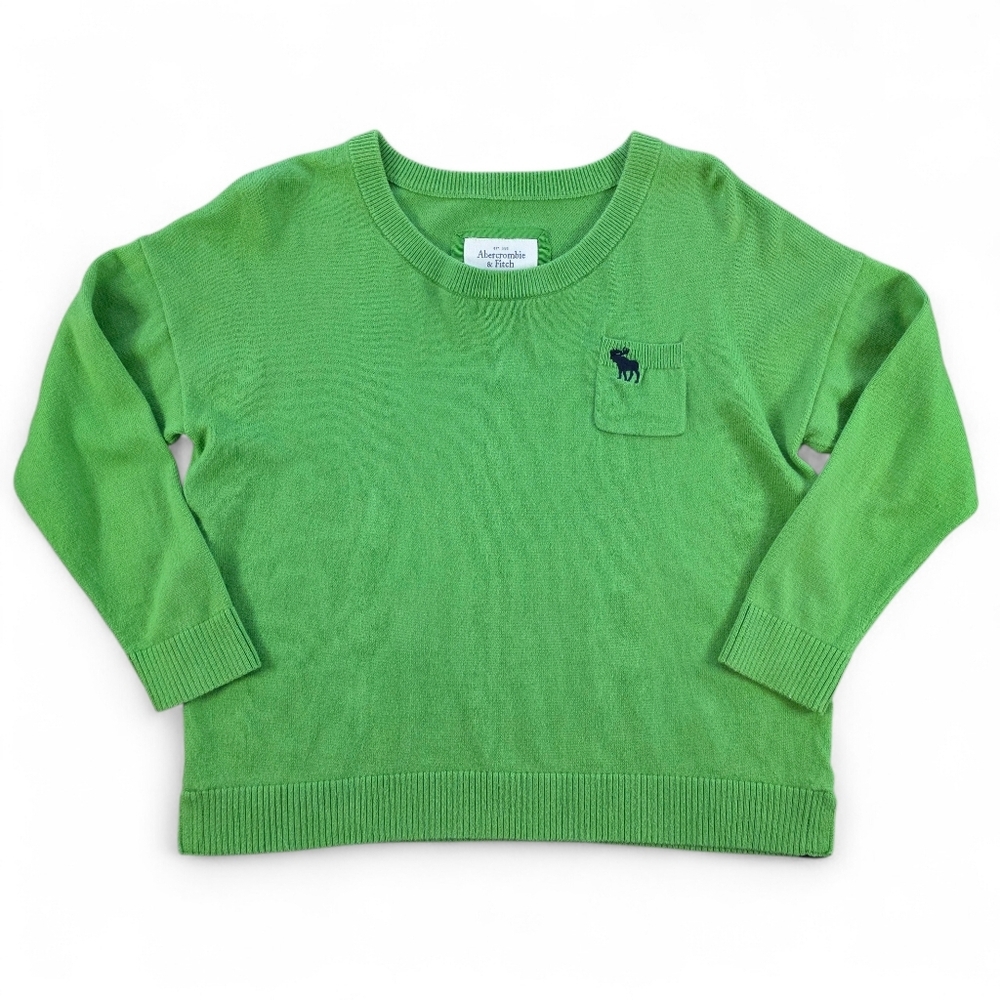 Abercrombie & Fitch Green Crewneck Crop Sweater Pocket Logo 3/4 Sleeves Size M - Picture 1 of 6